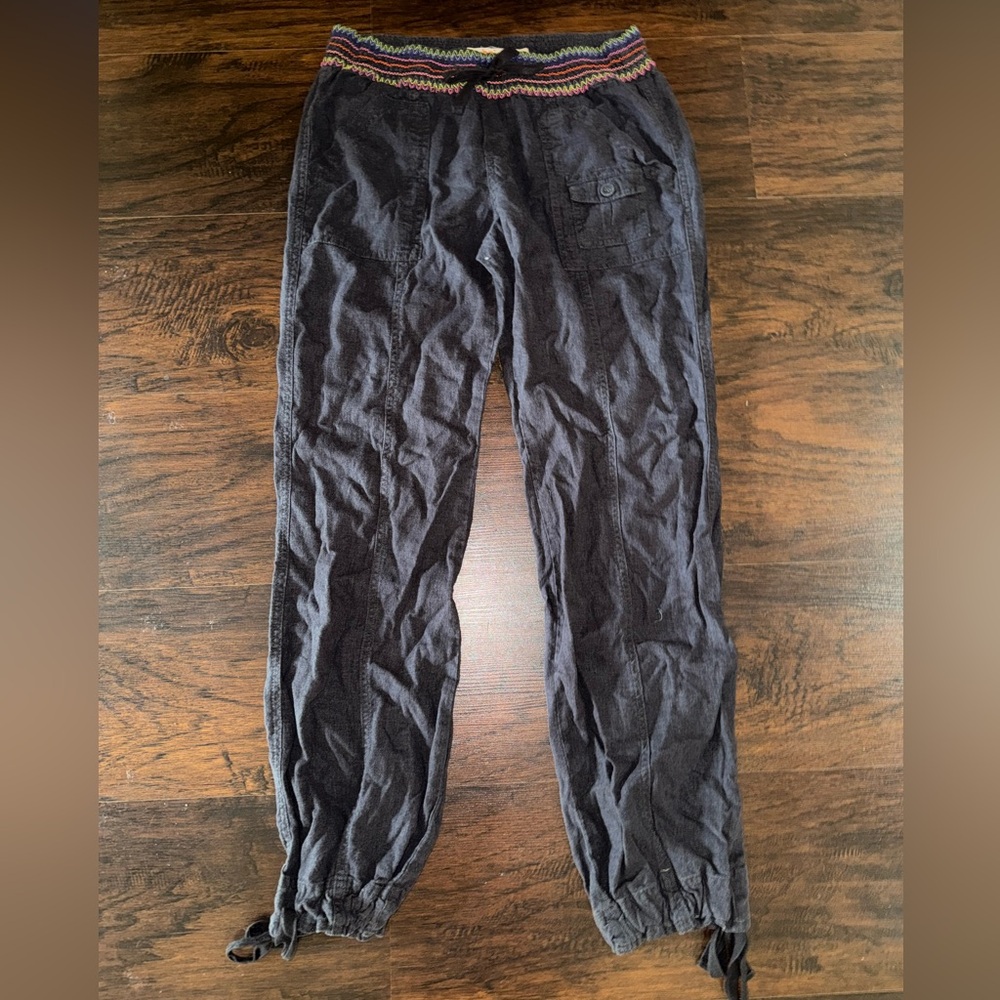 Hei Hei for Anthropologie Black Gray Linen Blend Pants Joggers Embroidered 6